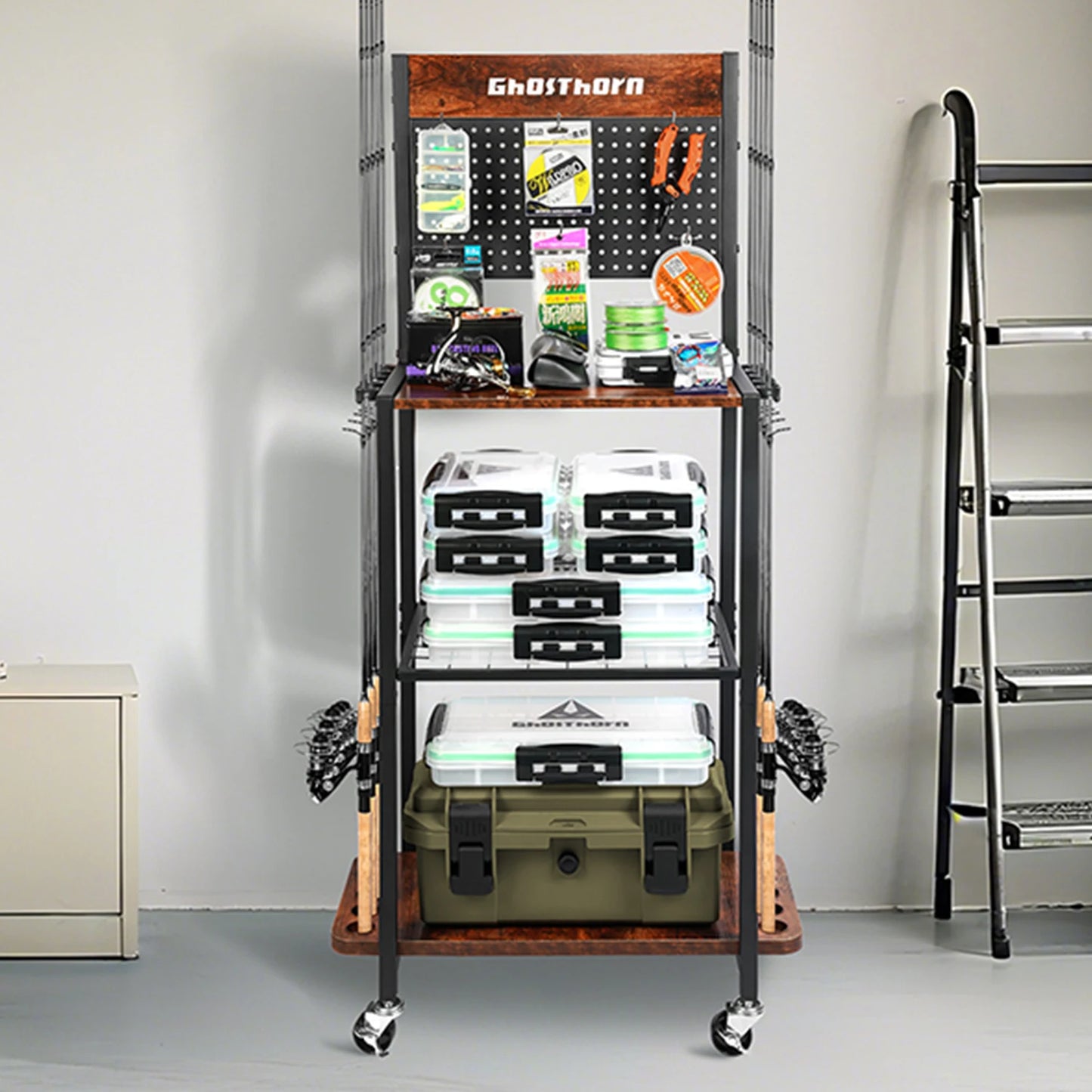 Backplate Iron-Wood Fishing Rod Rack, Multi - Layer Storage, Rolling Cart, Ideal for Fishing Gear Organization