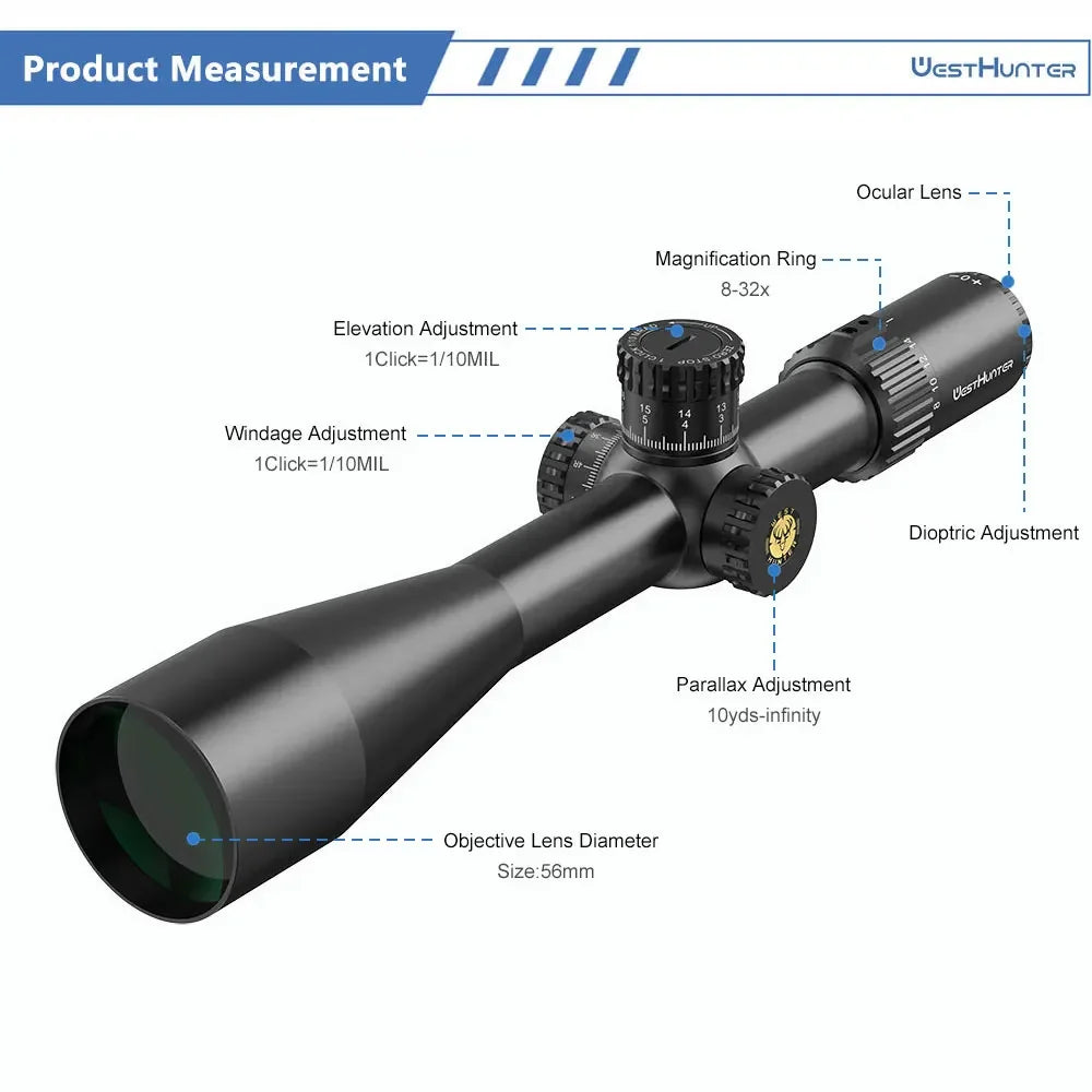 WestHunter HD GEN2 8-32X56 FFP Zero Stop Riflescope 1/10 MIL First Focal Plane Hunting Scope 34mm Tube Optical Sights
