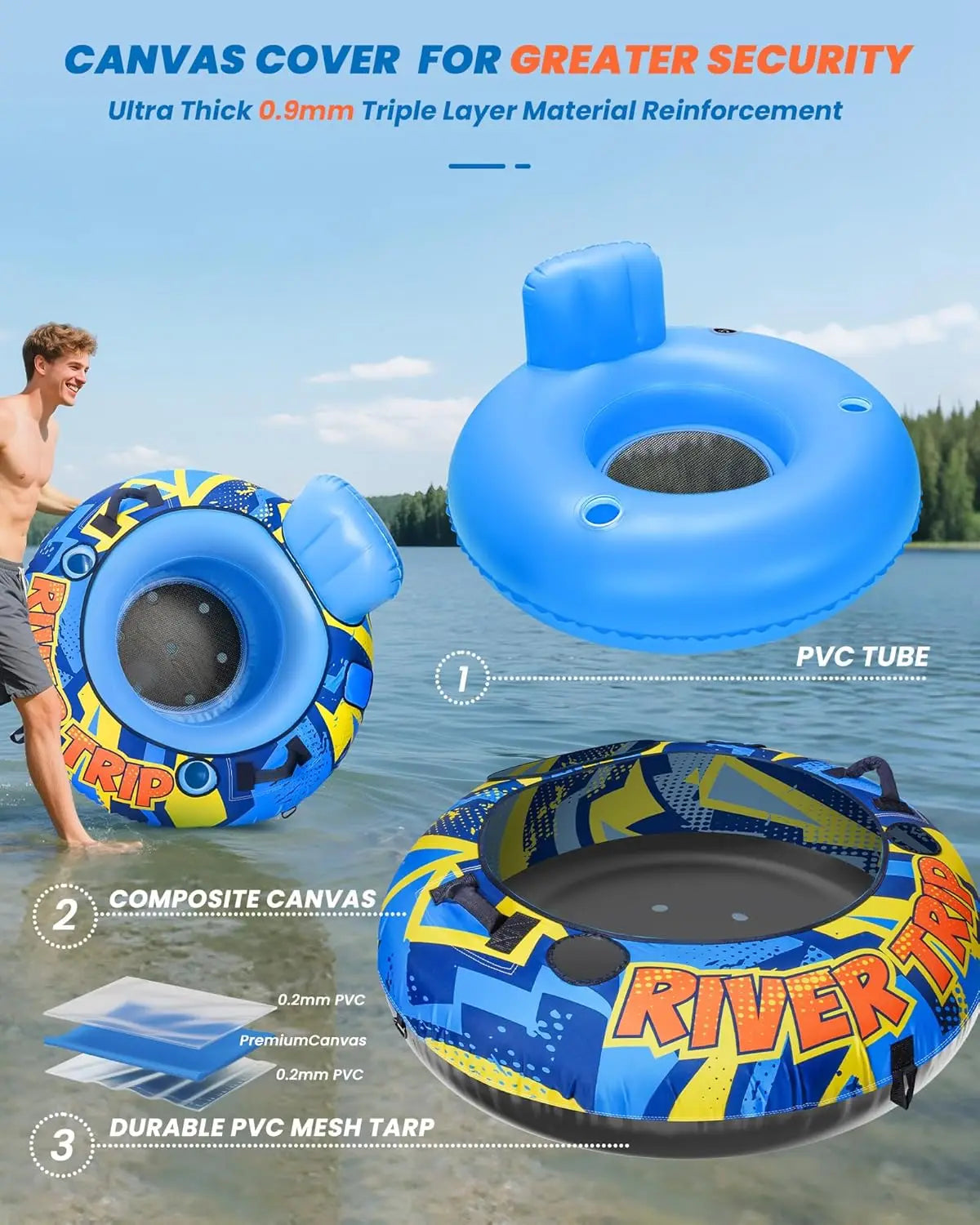 53" Heavy Duty Inflatable River Tube with Canvas Cover, Water Floats for Pool Lake, Rafts with Cup Holders and Grip Handles