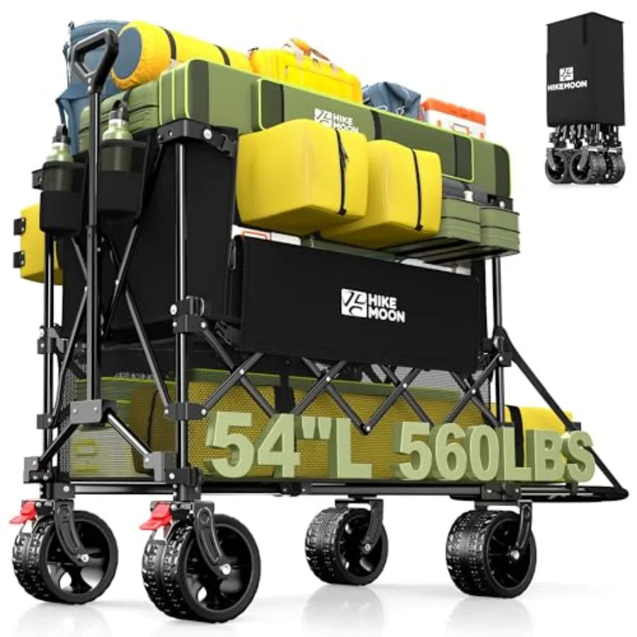 Beach camping sports utility folding cart: black heavy-duty 400L double decker wagon with tailgate 54'' extra long 560LBS capac