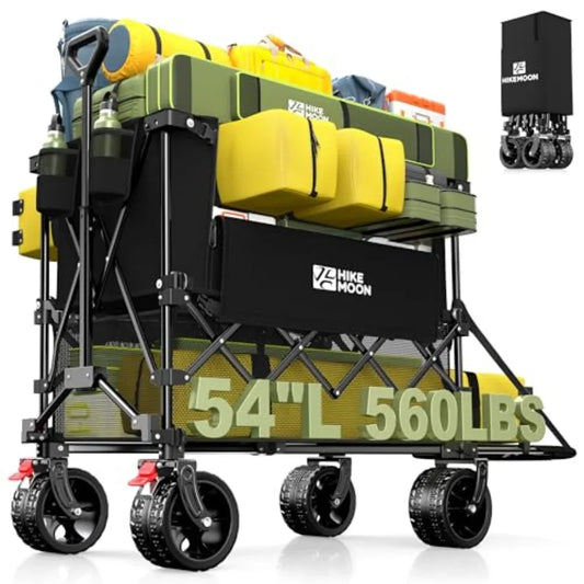 Beach camping sports utility folding cart: black heavy-duty 400L double decker wagon with tailgate 54'' extra long 560LBS capac