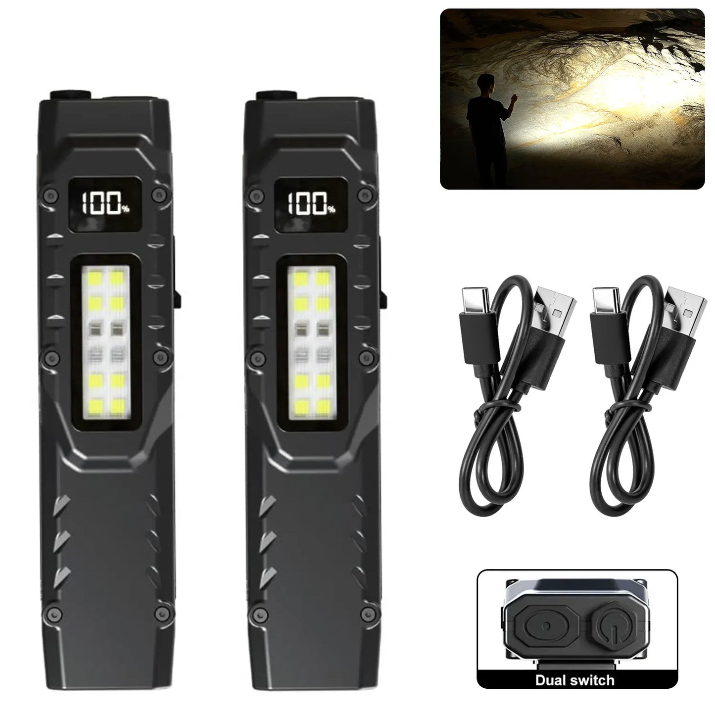 USB-C Rechargeable Tactical Flashlight 1500 Lumens Slim Flat Shape Torch with Spotlight Floodlight Strobe Modes Digital Display