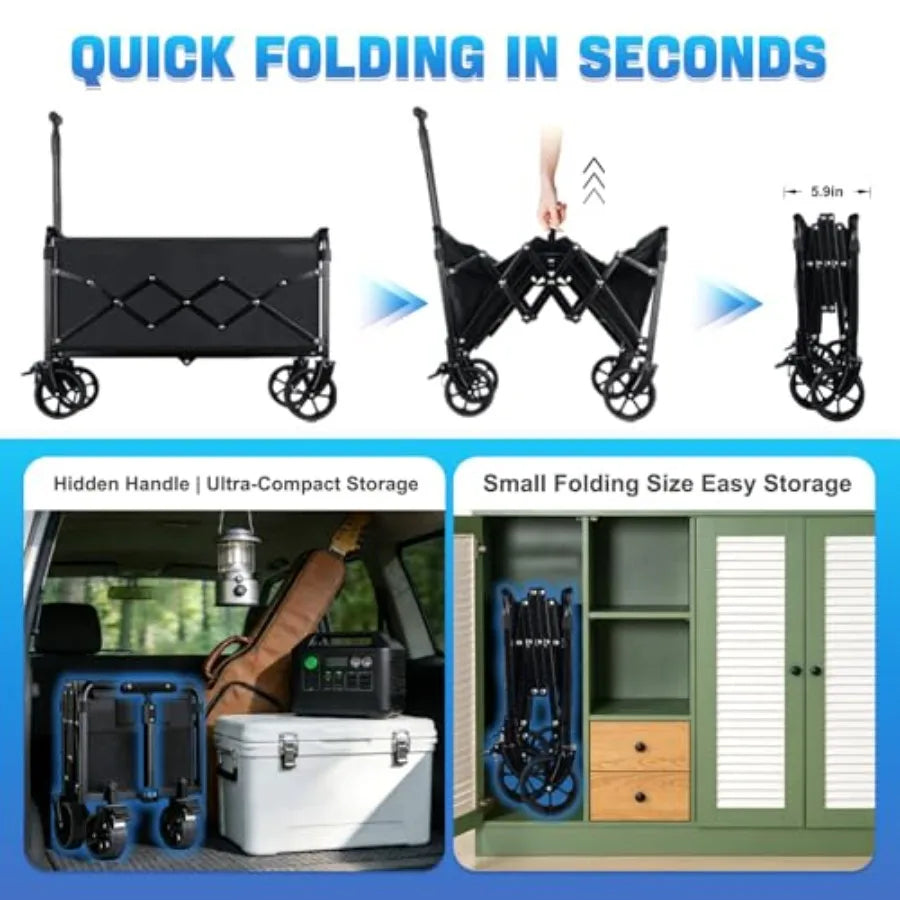 Collapsible Wagon Cart Foldable with Wheels - Heavy Duty Portable Folding Utility Shopping Cart with 360° Swivel Brakes Wheels