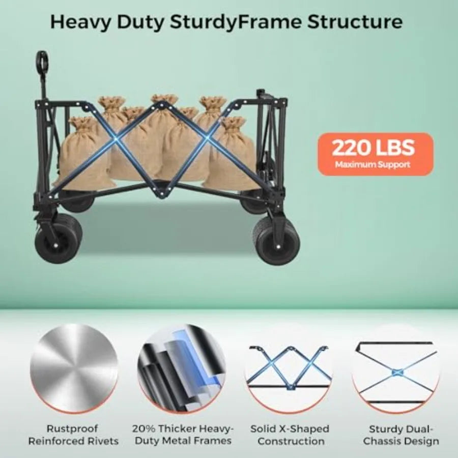 3 in 1 Wagon with Canopy 220lbs230L Wagon Cart Foldable with 7'' All-Terrain PVC Wheel and Rear Hanging Shelf