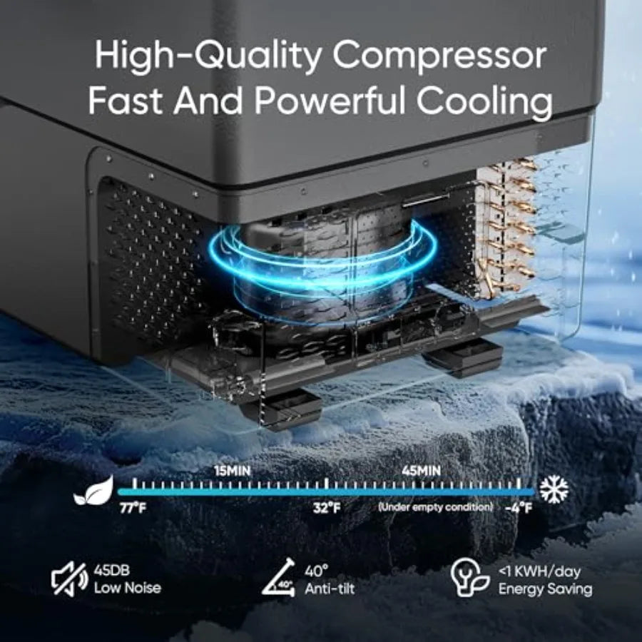 Car refrigerator for travel, camping, RV, home use; black ABS plastic; -468 dual-zone cooling; 12/24V DC 100-240V AC portable e