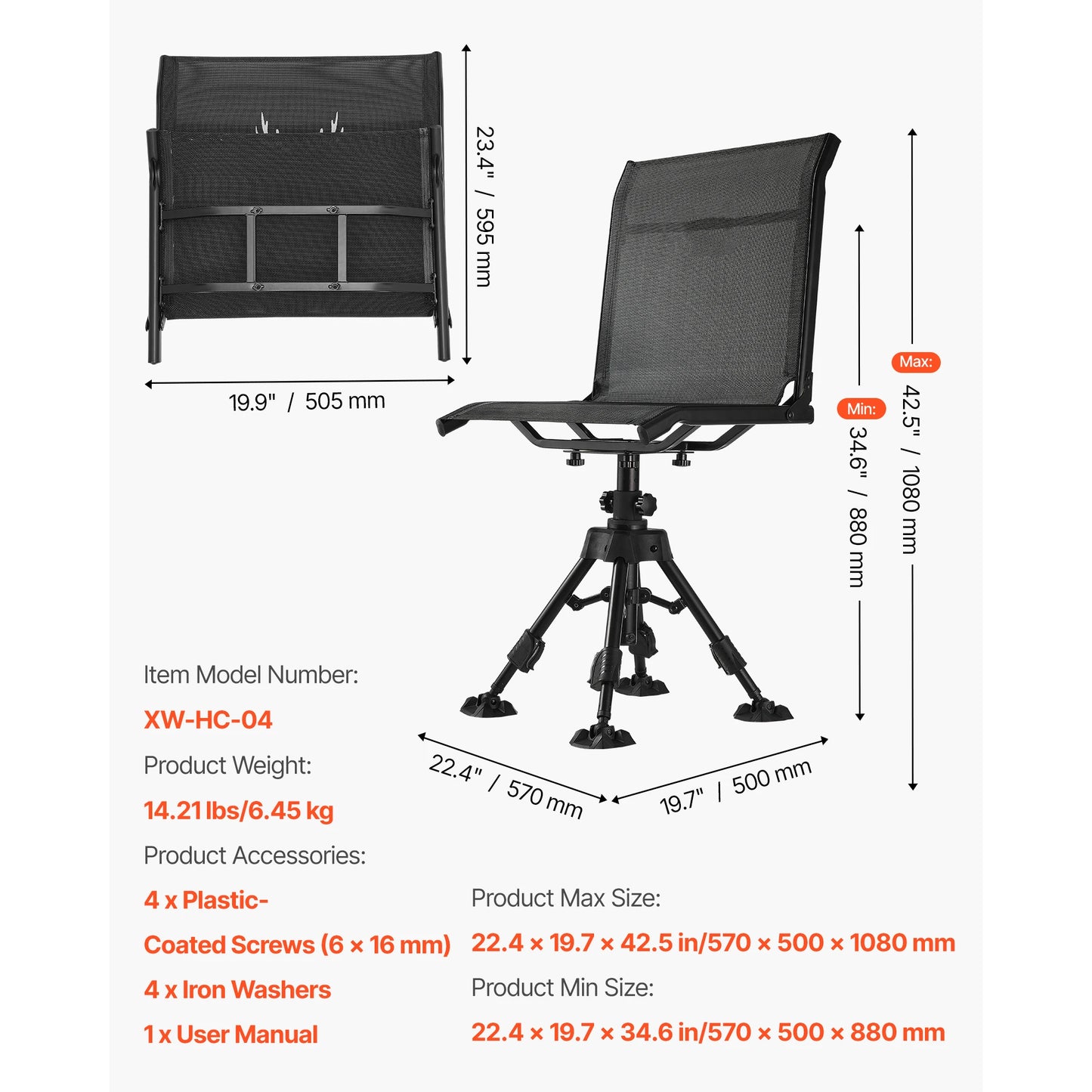 Hunting Chair 360° Silent Swivel Foldable Blind Chair Steel Frame Ground Stool Seat 300Lbs/350Lbs Capacity for Fishing