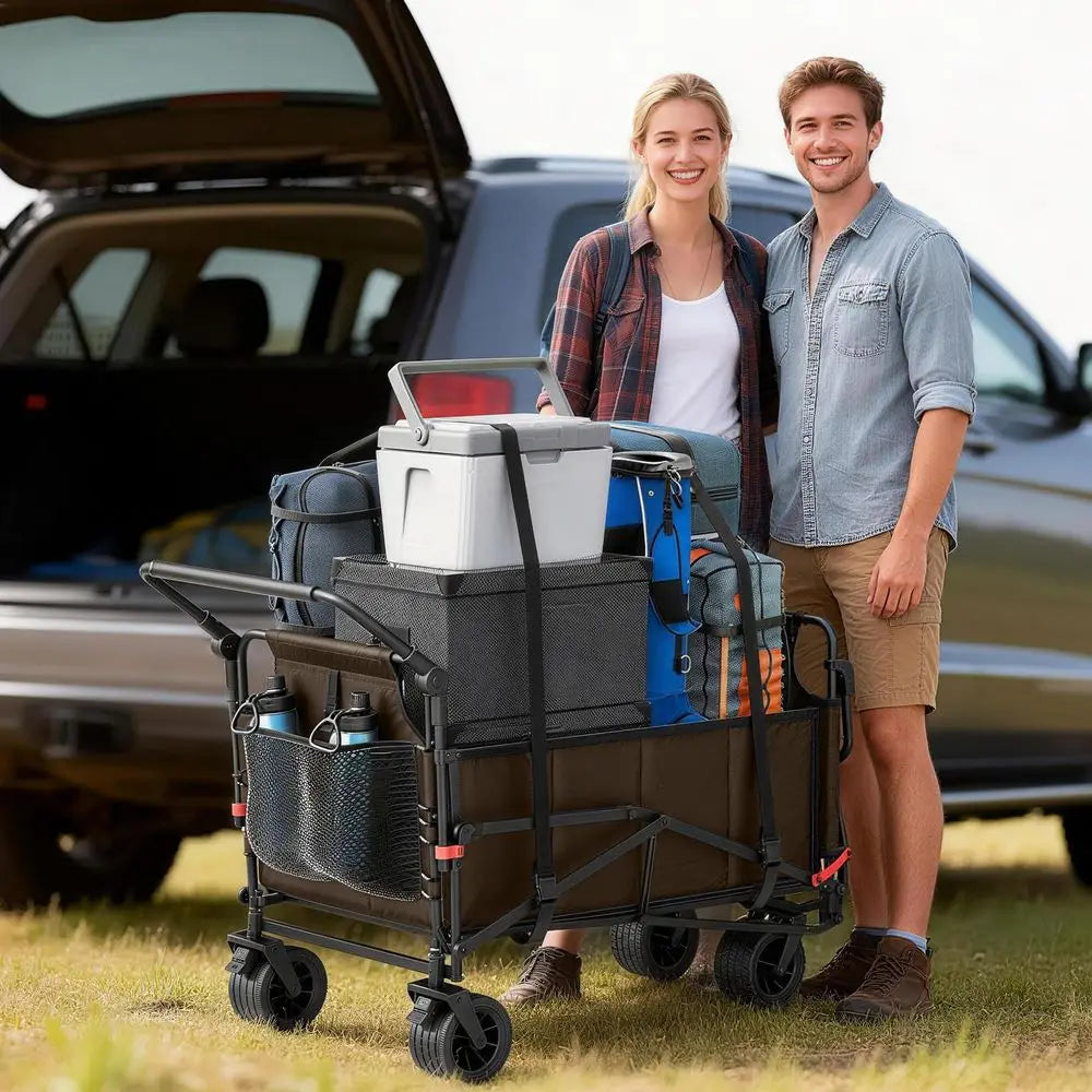 Heavy Duty Folding Wagon 2in1 Collapsible Cart, 650lb Capacity, AllTerrain Wheels w Brakes amp Side Pockets Brown