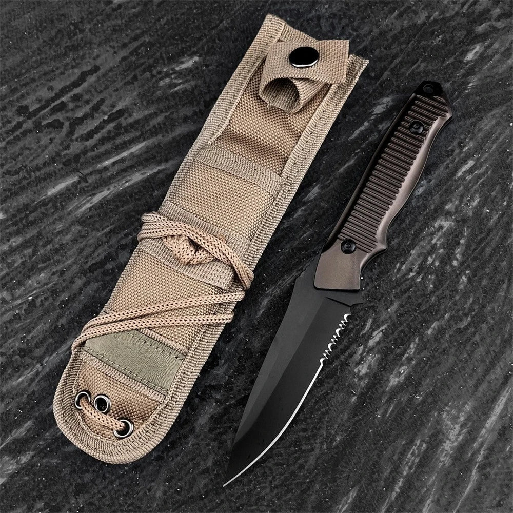 Hiking Knife Durable Black-Coated 440C Blade Aluminum Handle Brown Sheath Jungle Camping Outdoor Adventures Perfect Holiday Gift