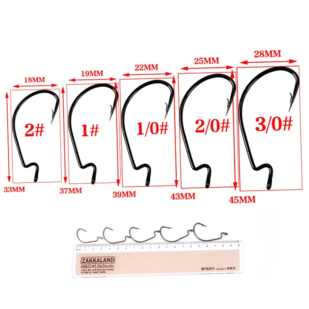 50 Pcs/Box Wide  Offset Fishhook High Carbon Steel Wide Worm Hook Bass Barbed Carp Fishing Hook for Soft Worm Jig Mold Hooks