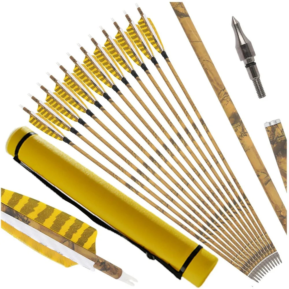 12PCS 30inch Archery Carbon Arrows 4" Natural Feather 500 Spine Removable Tips for Compound Recurve Bow Hunting Target