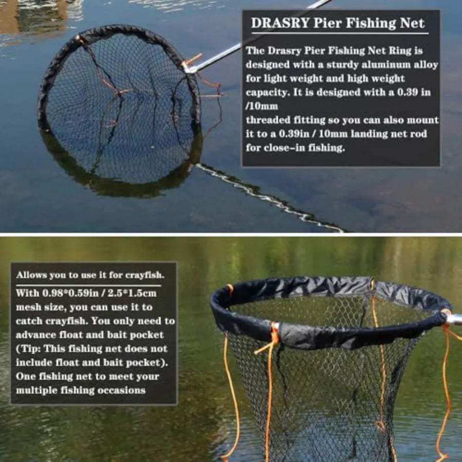 Foldable Bridge and Pier Fishing Landing Net - High Load-Bearing Aluminum Ring Drop Net for Saltwater Freshwater - Collapsible