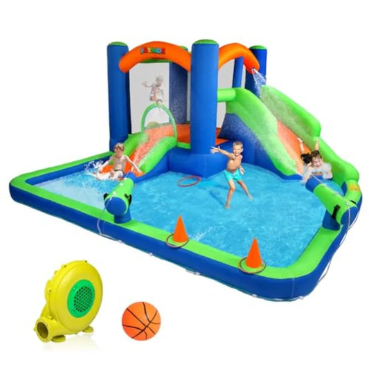 Inflatable Water Slide Bounce House for 3-6, 30s Blow Up Water Slide w/Basketball Hoop, Water Cannon, Ring-Toss Game, Inflatabl