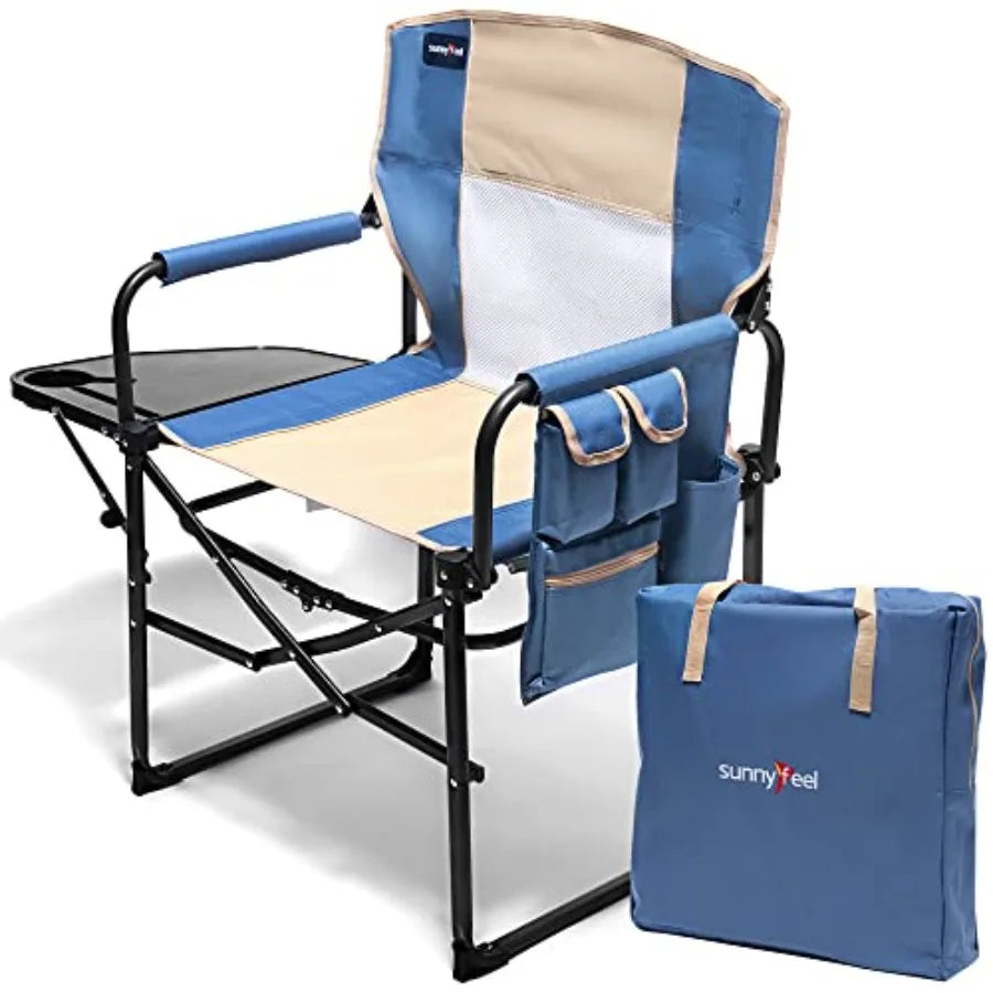 Oversized Camping Directors Chair for Outdoor Use, Heavy Duty Steel Frame with Black Fabric, Portable Folding Design with Side