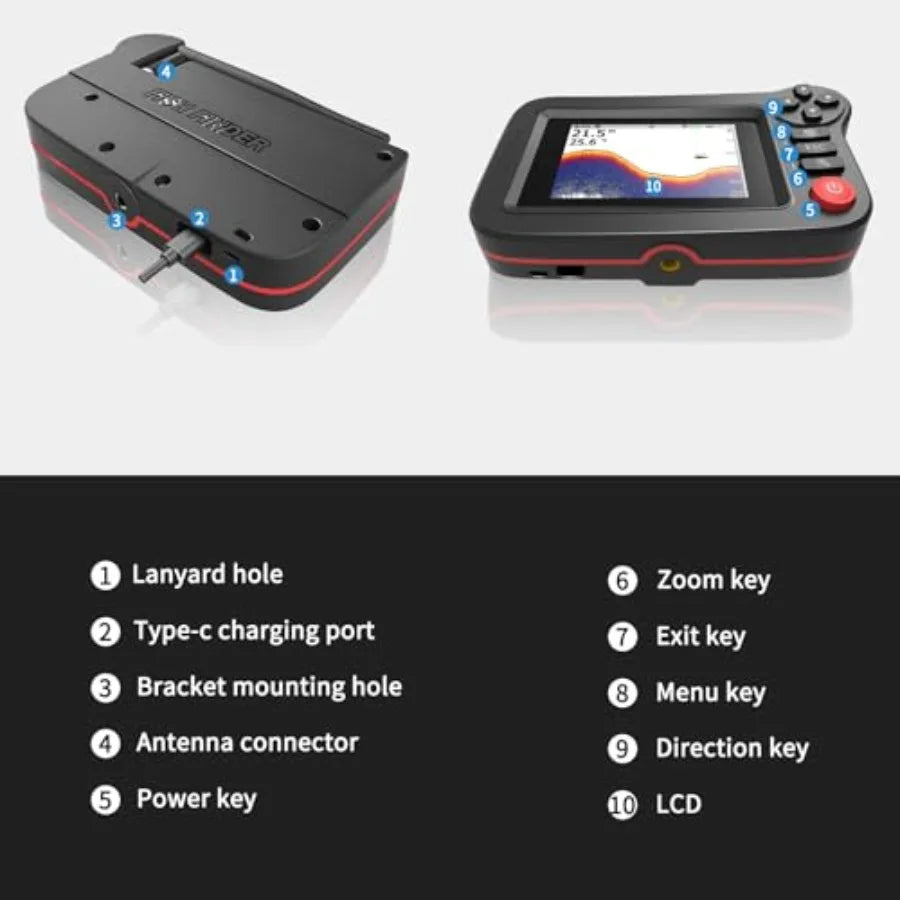 Handheld Fish Finder for kayak fishing: ABS plastic, black, portable sonar depth finder with LCD display and transducer