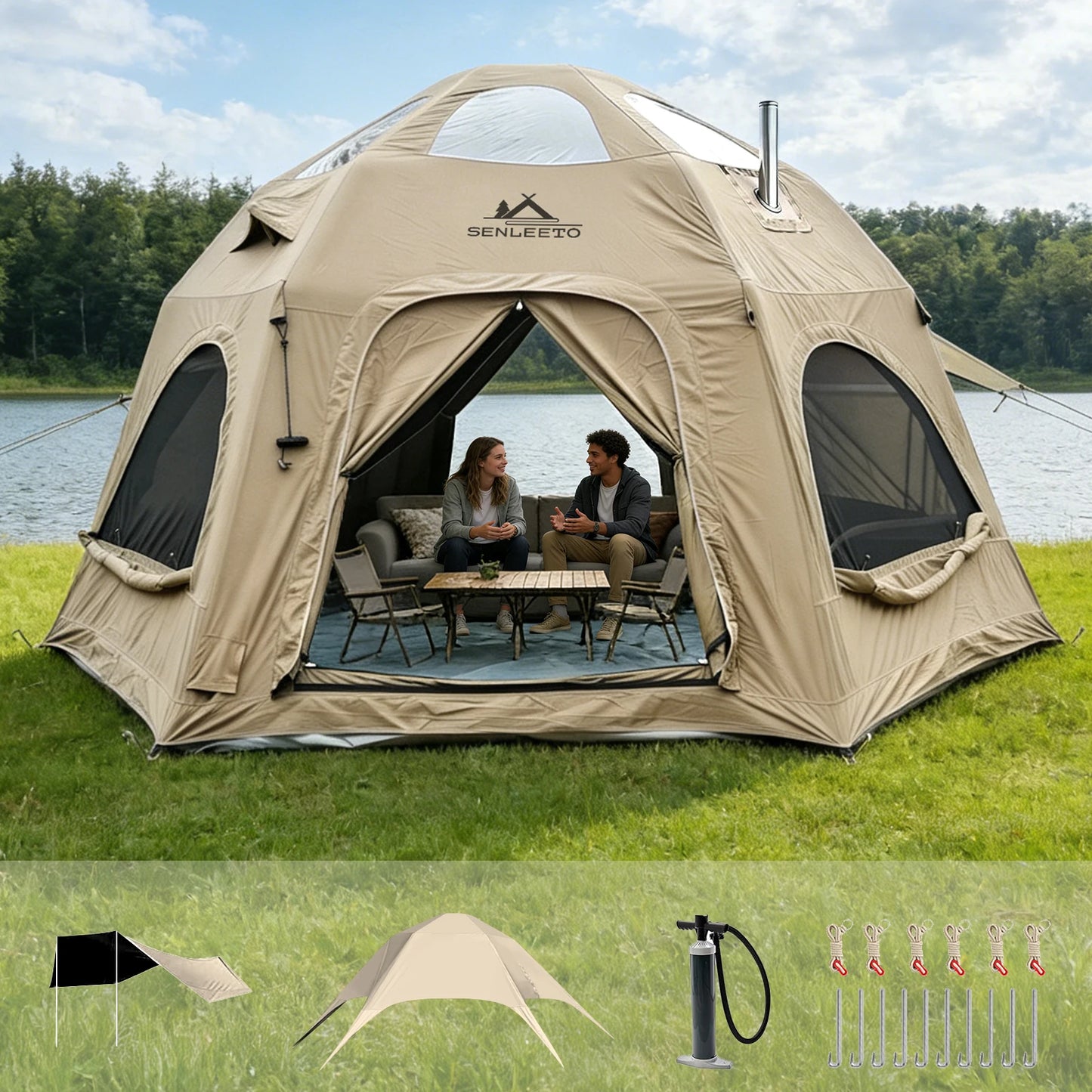SENLEETO Inflatable Tent Glamping Dome Tent 420D Oxford Large Family Camping Tent with Rainfly Extension All Around View Luxury Outdoor House Tent