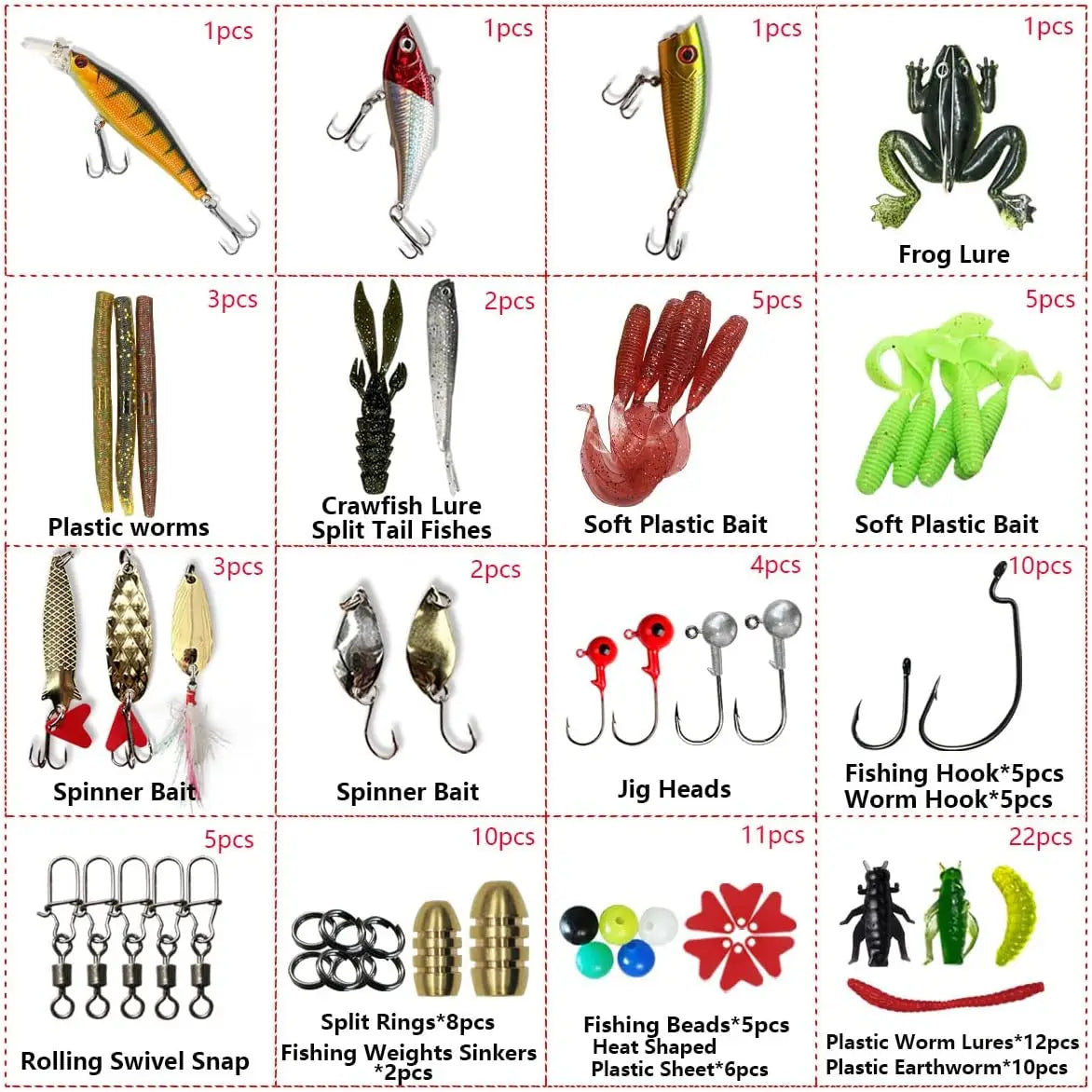 Fishing Lures Kit Set with Tackle Box - Crankbaits, Topwater, Spinnerbaits, Worms, Jigs, Hooks for Bass Trout Fishing Gear