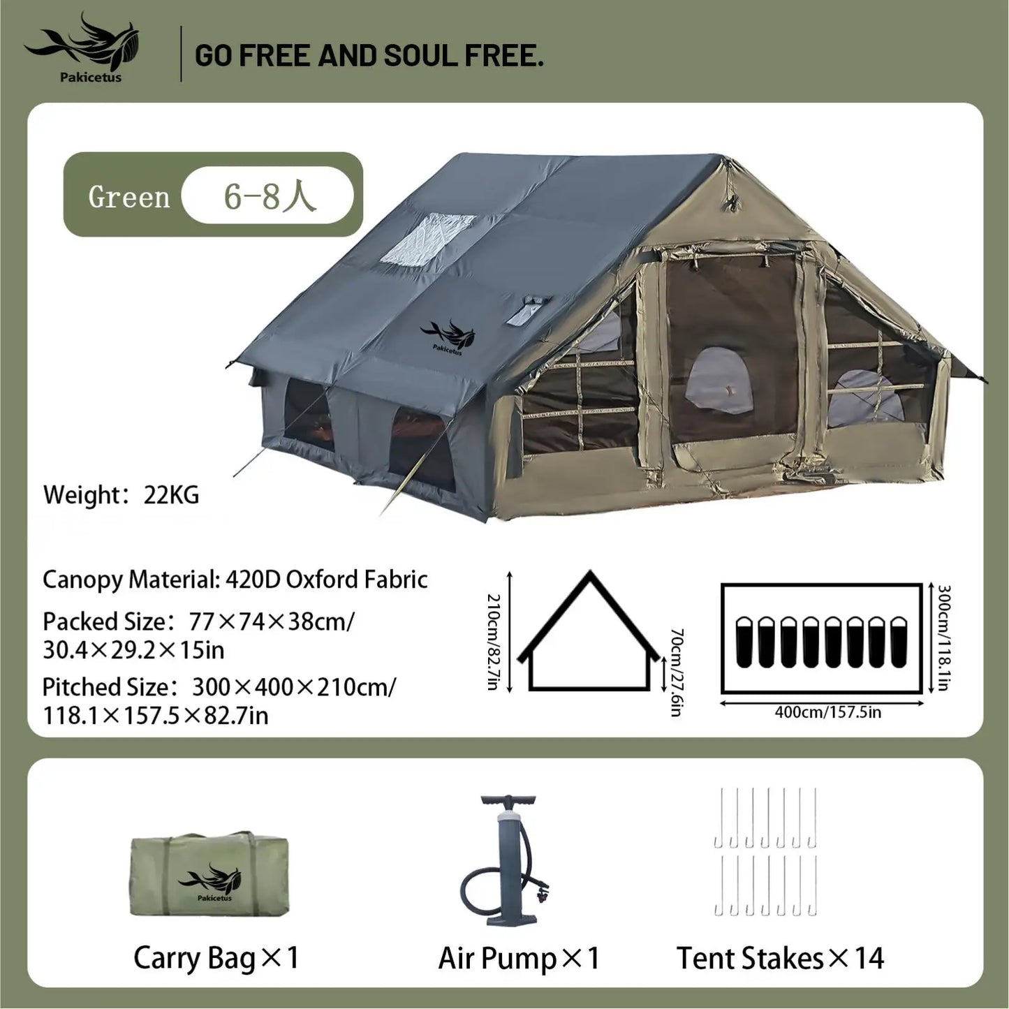 Pakicetus Quick Setup Inflatable Camping Tent, Waterproof Family Tent for 4-8 Persons, Portable Air Tent with Carry Bag