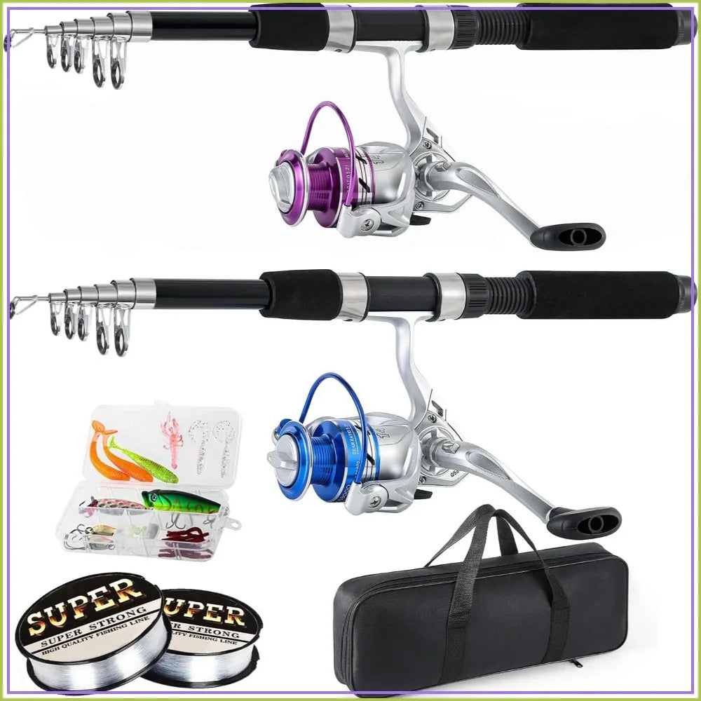 6.9ft Telescopic Fishing Rod & Reel Combo Set, 2Pcs Carbon Fiber Poles with Spinning Reels, Travel Fishing Kit with Tackle Box