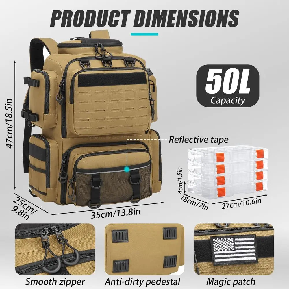 Large 50L Insulated Fishing Backpack with Tackle Boxes, Rod Holders, and Bottle Holders, Durable Brown Storage for Gear
