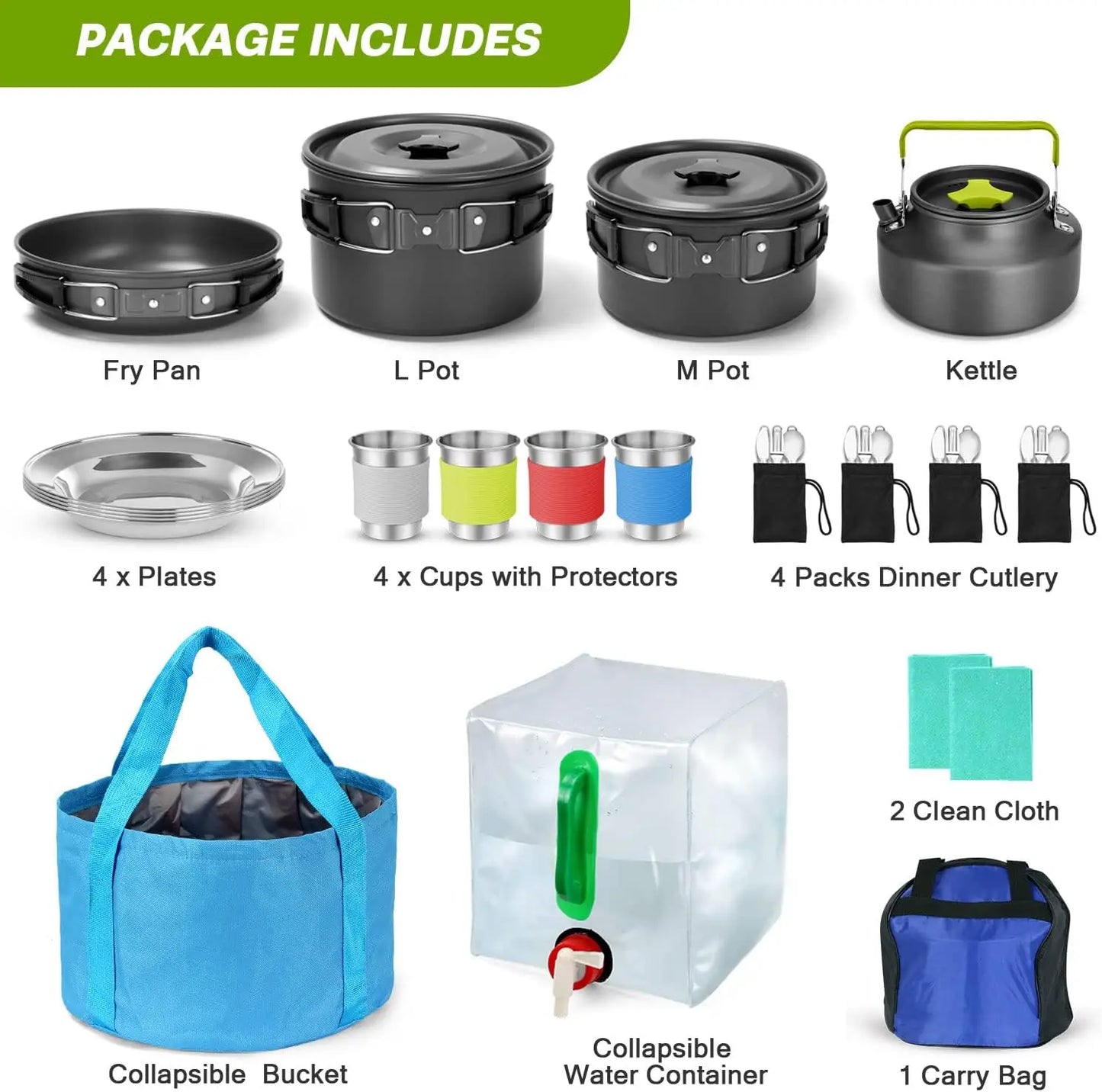 29pcs Camping Cookware Mess Kit, Non-Stick Lightweight Pots Pan Kettle, Collapsible Water Container and Bucket, Stainless Steel