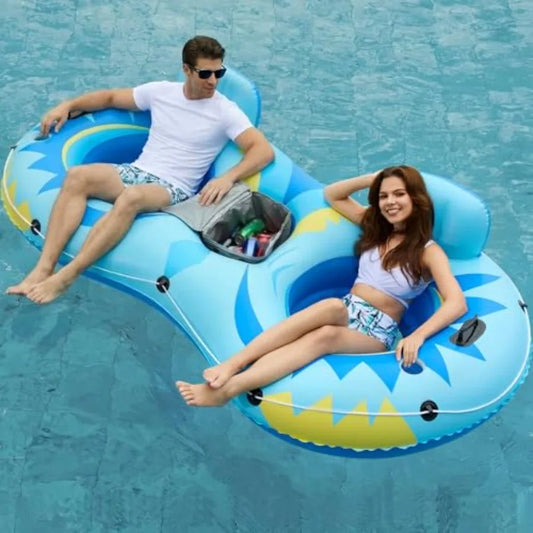 Inflatable River Tube Float 2 Person Heavy Duty with Removable Cooler and 2 Cup Holders for Adults Blue Lake Water Raft Lounge