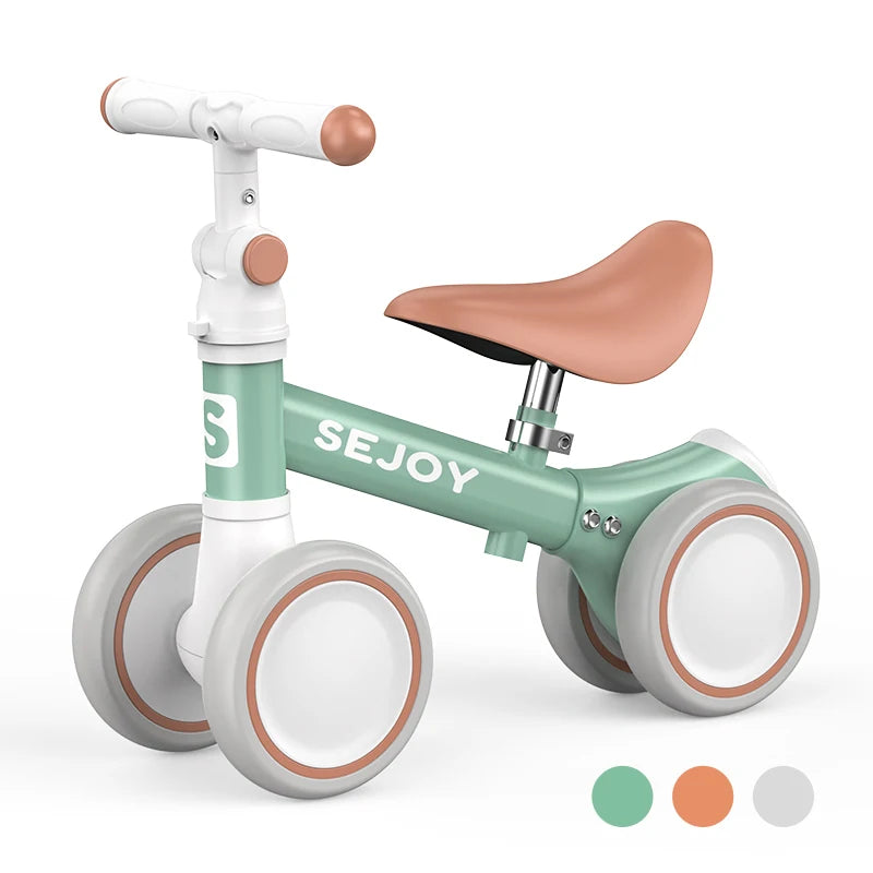 SEJOY Baby Balance Bike Ride Toy for 1-3 Year Adjustable Seat,,Pedal-free 4-Wheels Baby Toddler, Sturdy Steel Frame, Non-Slip Handles, Soft PU Seat, Indoor Outdoor Play, First Birthday Gift for Toddler Boys Girls