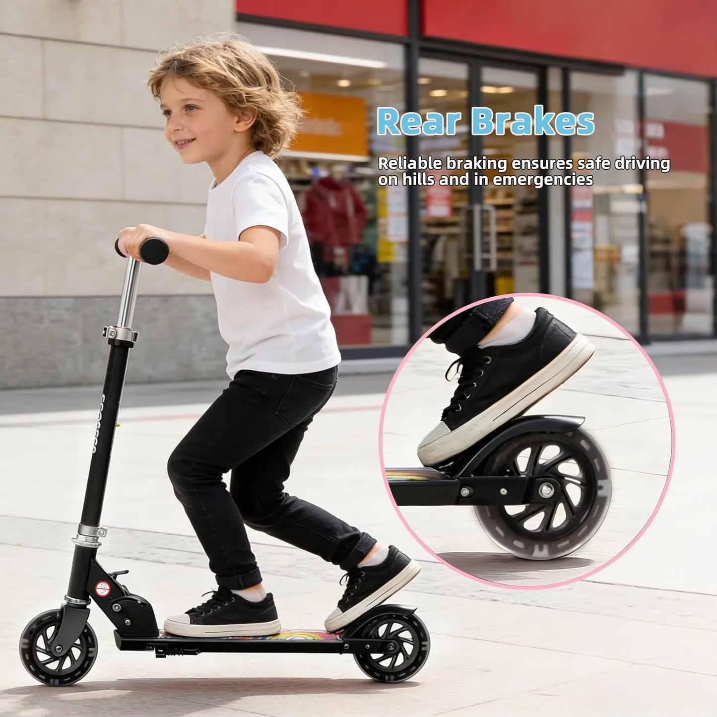 Foldable Kids Kick Scooter for Boys & Girls Ages 3+, 3-Level Adjustable Handlebar, Light-Up ABEC-10 Wheels Kick Scooter with Rear Brake, Suitable for Kids and Teens