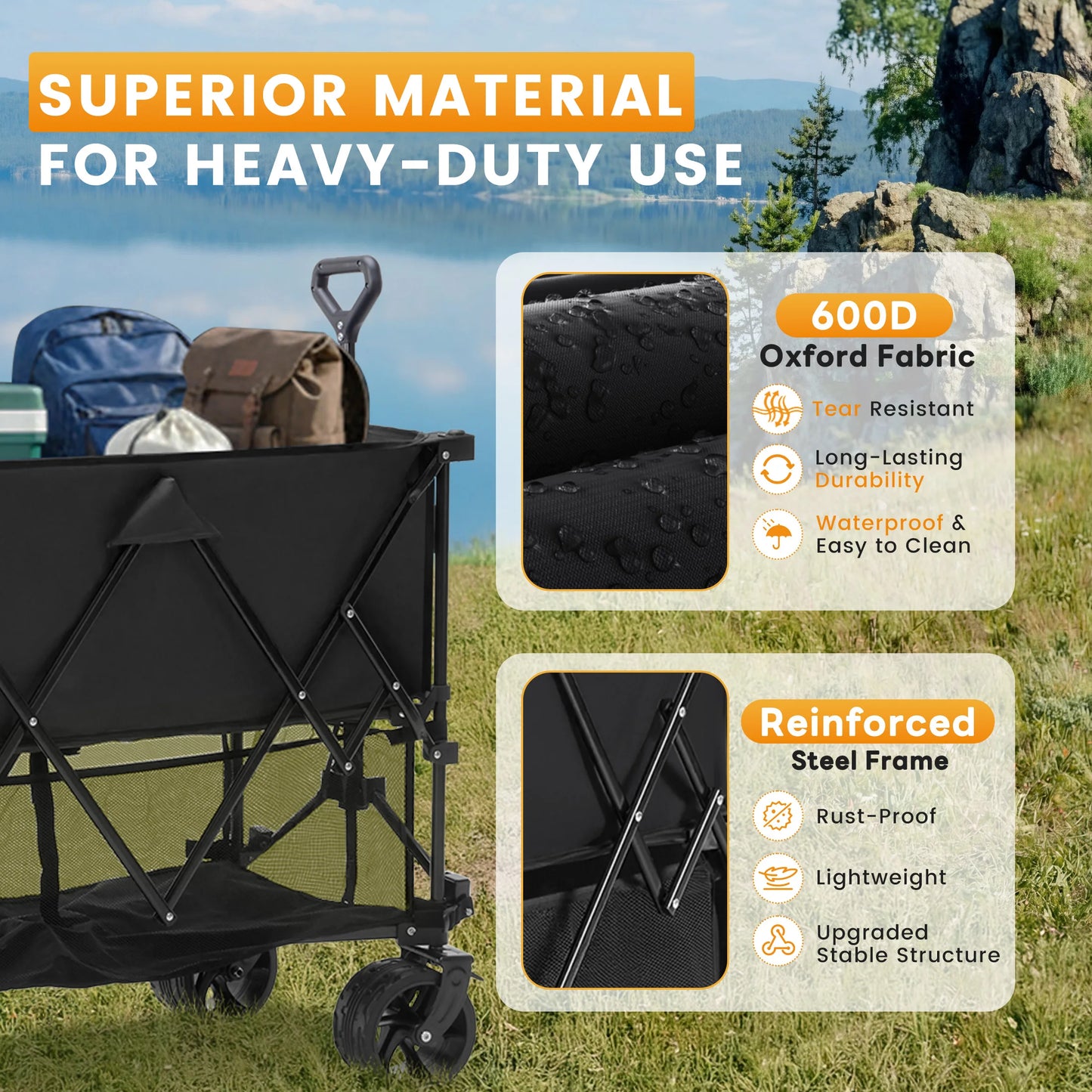 JHK Outdoor Double Decker Wagons Cart 440 lbs Large Capacity Collapsible Foldable Garden Beach Cart for Grocery Garden Camping