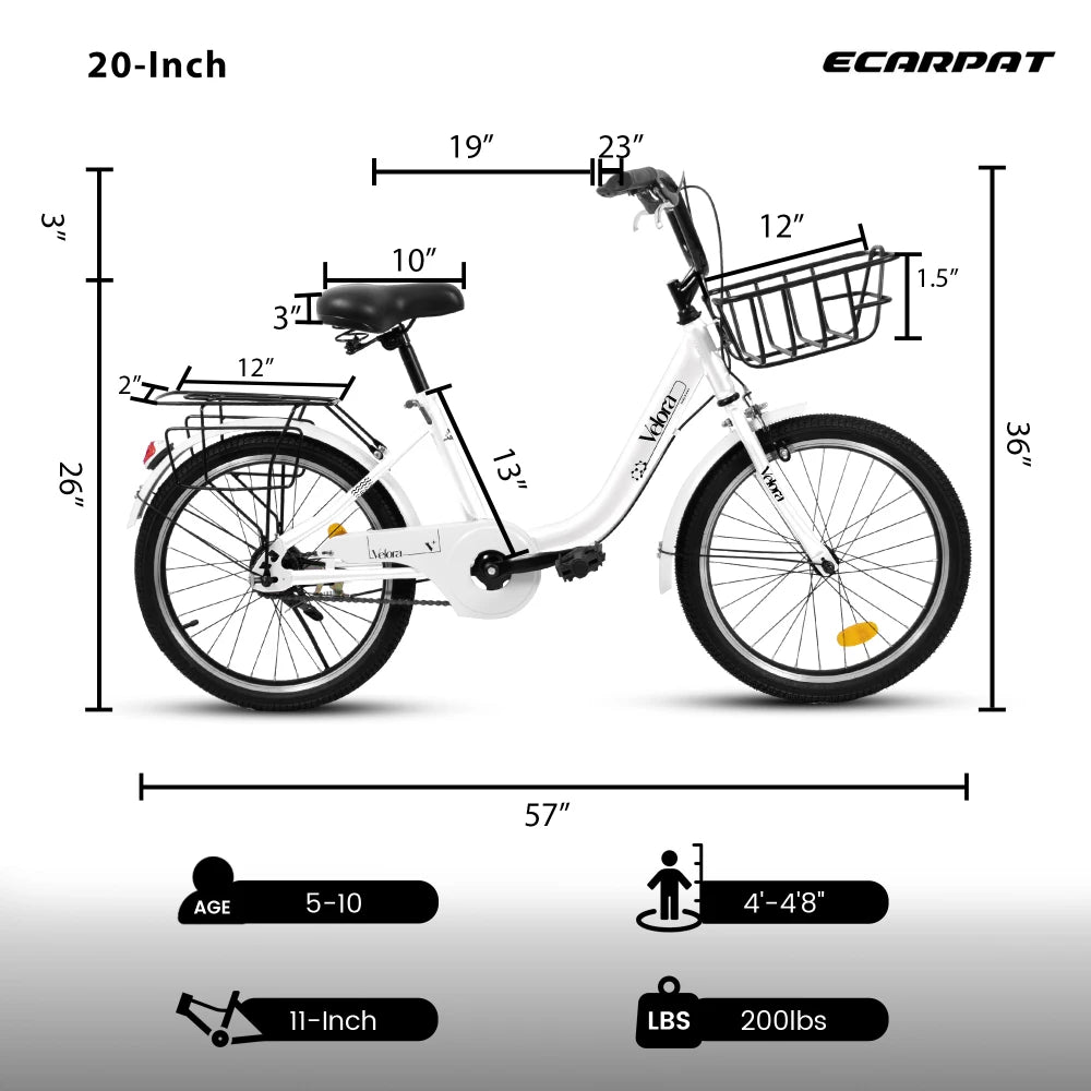20 Inch Children’s Bike for Boys and Girls, Single Speed V-Brake Bicycle with Chain Guard & Rear Cargo Rack, Lightweight Steel Frame in 4 Colors Pink Green Purple White