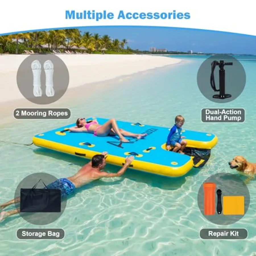 Inflatable Floating Dock With Dog Ramp For Lake Pool Beach Boat Use, Drop Stitch Material, Blue, 6 Inch Thick Heavy-Duty Portab