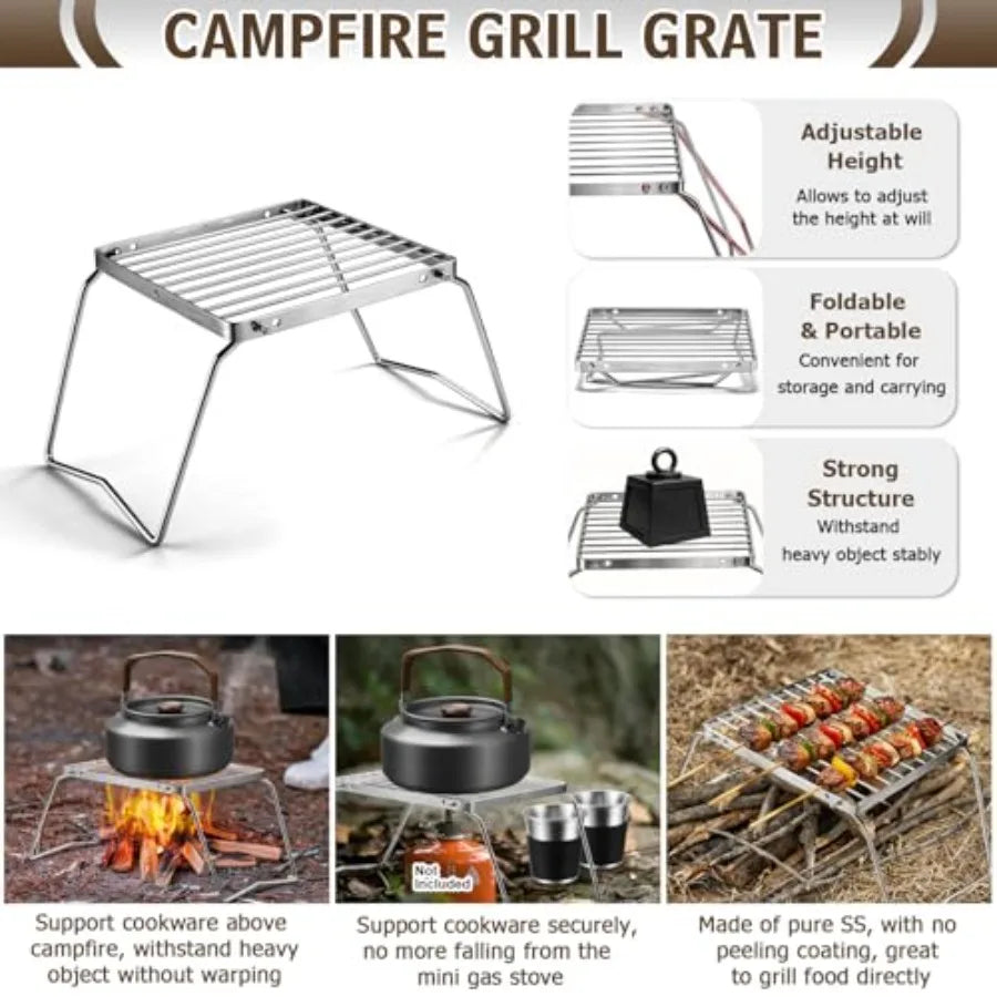 Camping cookware mess kit for outdoor backpacking and open fire cooking: aluminum nonstick 7.8-inch pot, pan, kettle, grill gra