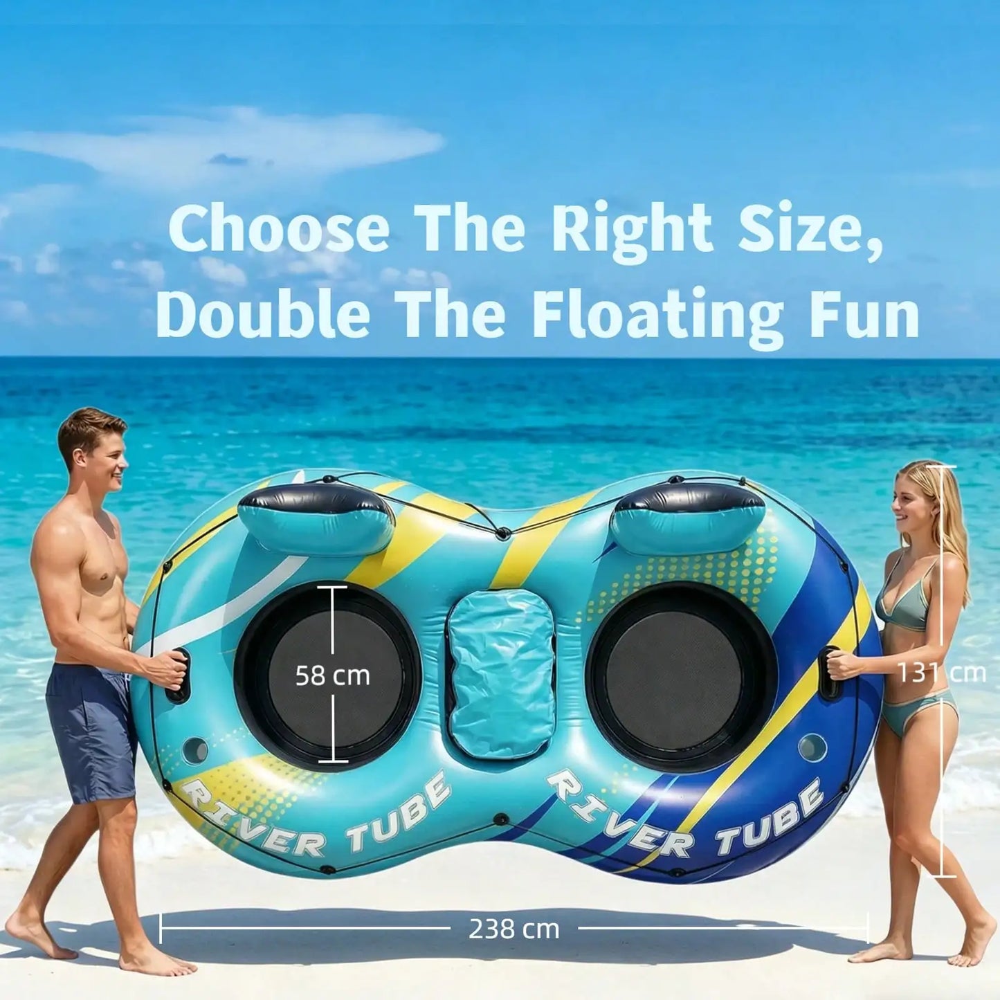2-Person Inflatable River Tube Float With Built-In Storage Bag For Ice, Double Pool Lounge Chair With Backrest & Cup Holders, Breathable Water Floating Raft For Pool Lake Beach Summer Water Party, 2 Pattern Options., Pool Inf