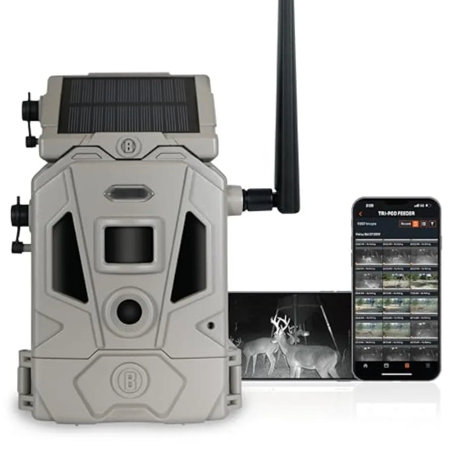 Solar trail camera for hunting, rugged ABS plastic body in black, ultra-low glow infrared night vision with 20MP photos and 108