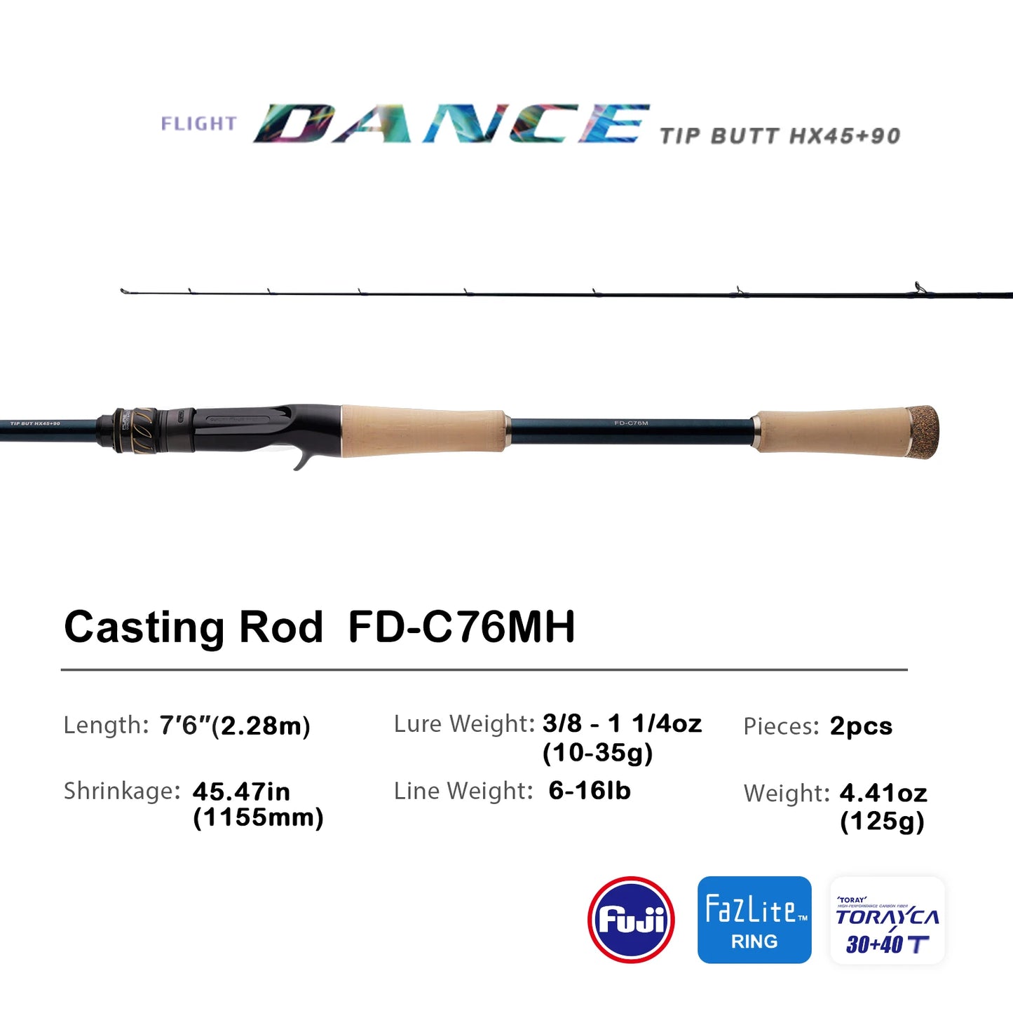 PURELURE Flight Dance Spinning Rod & Baitcaster Rod 30T+40T Carbon Fiber Fishing Rods 2 Piece Fuji Alconite/Fazlite Guides Fuji Reel Seat ML/M/MH/H Power Shore Fishing for Bass