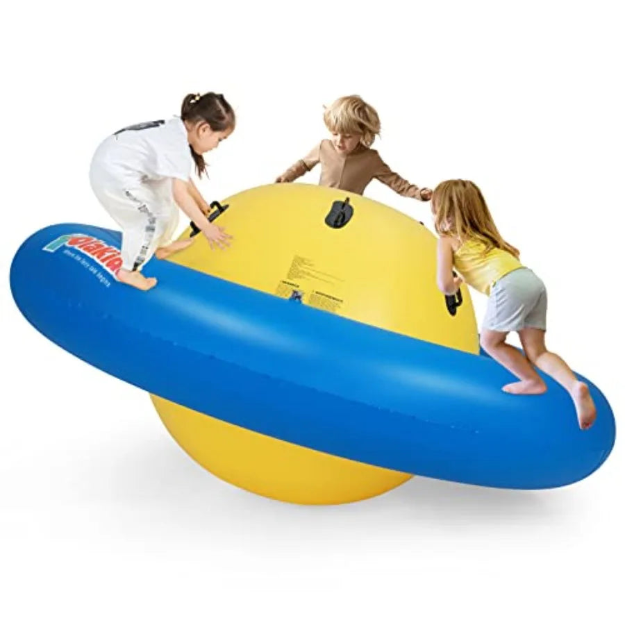 Outdoor kids inflatable dome rocker bouncer in blue durable PVC material features 6 secure handles and roll-and-play seesaw fun