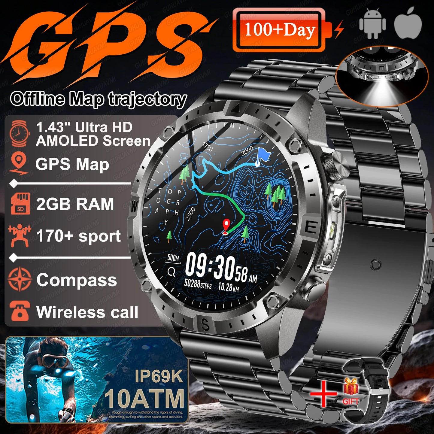 2026 NEW Outdoors Offline Map GPS Smart Watch L1+L2 Dual Band GPS Compass Cycling Run Swim Heart Rate 10ATM Military Smartwatchs