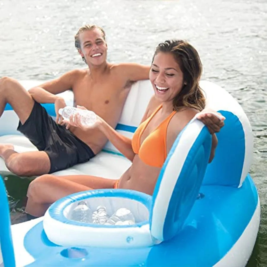 Inflatable Lake and Pool Relaxation Island Lounger Seat 145 x 125 x 20 Inch for up to 7 Adults Blue and White Splash N Chill 56