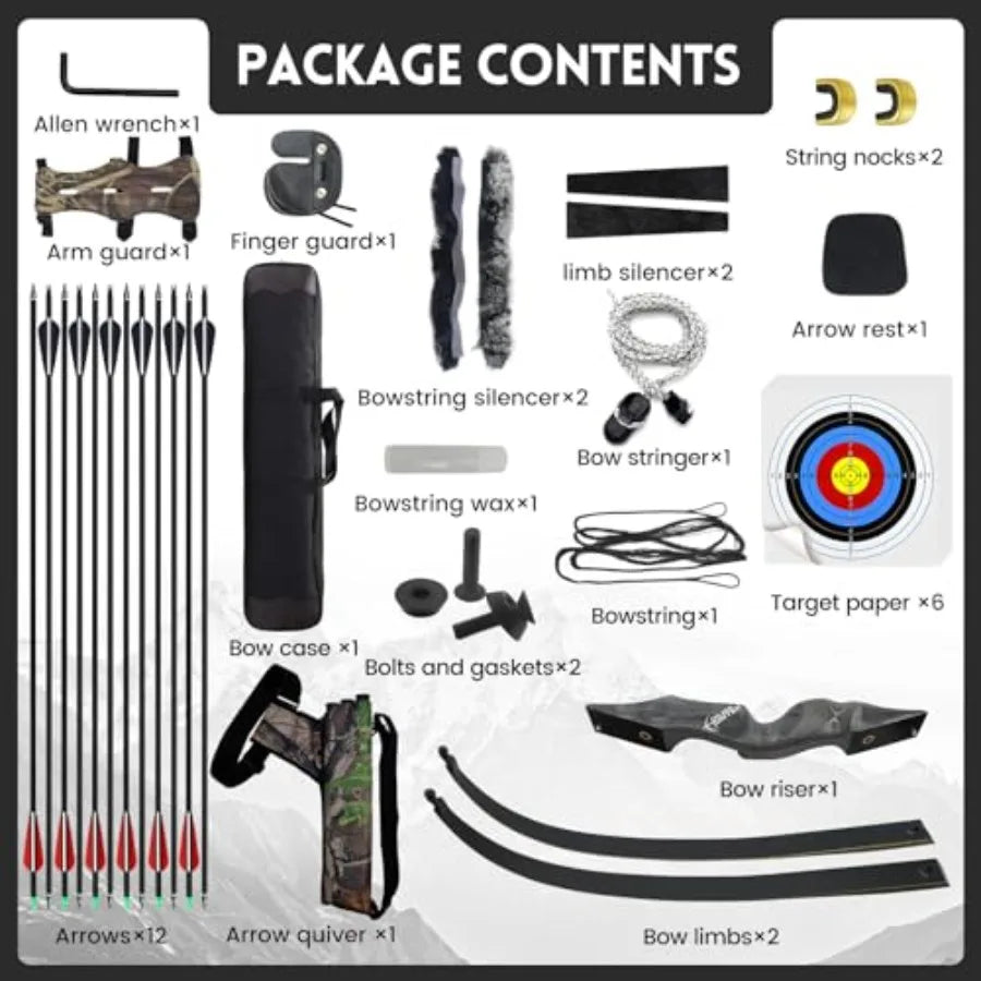 60 Inch Black Hunter Recurve Bow 20-60lbs Left Handed Takedown Bow Hunting Bow and Arrow Set with Arrow Quiver Archery Kit for