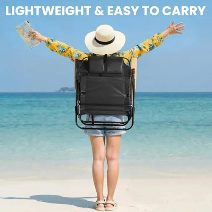 Portable beach chair for adults: lightweight outdoor camping chair with wooden armrests, black color, 5-position reclining flat