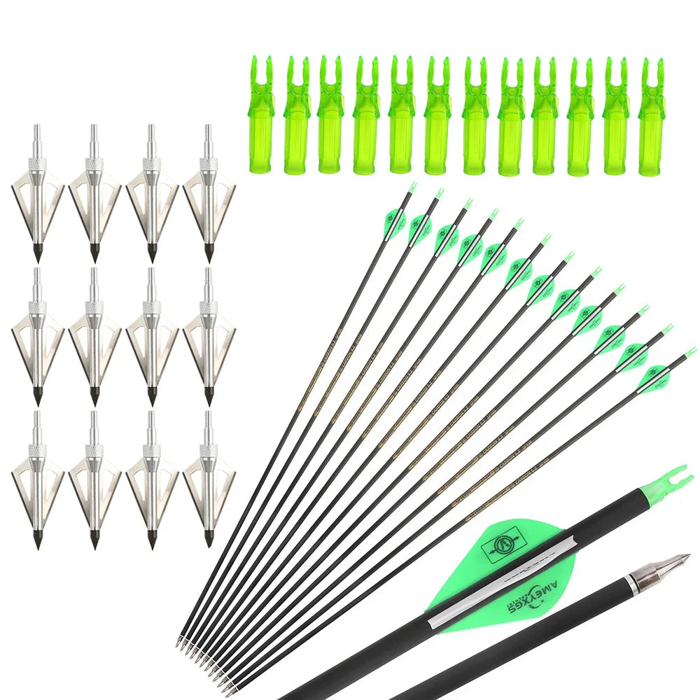 Carbon Arrows 12pcs 30'' SP300-400 ID6.2mm with 12pcs 100 Grain Broadheads and 12pcs Arrow Nocks for Compound Bow Hunting Target