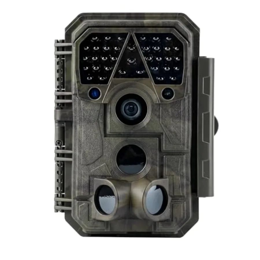 Wildlife hunting trail camera for outdoor use, rugged waterproof plastic body, black color, 64MP resolution with no-glow IR nig