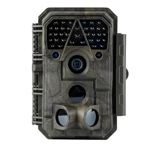 Wildlife hunting trail camera for outdoor use, rugged waterproof plastic body, black color, 64MP resolution with no-glow IR nig