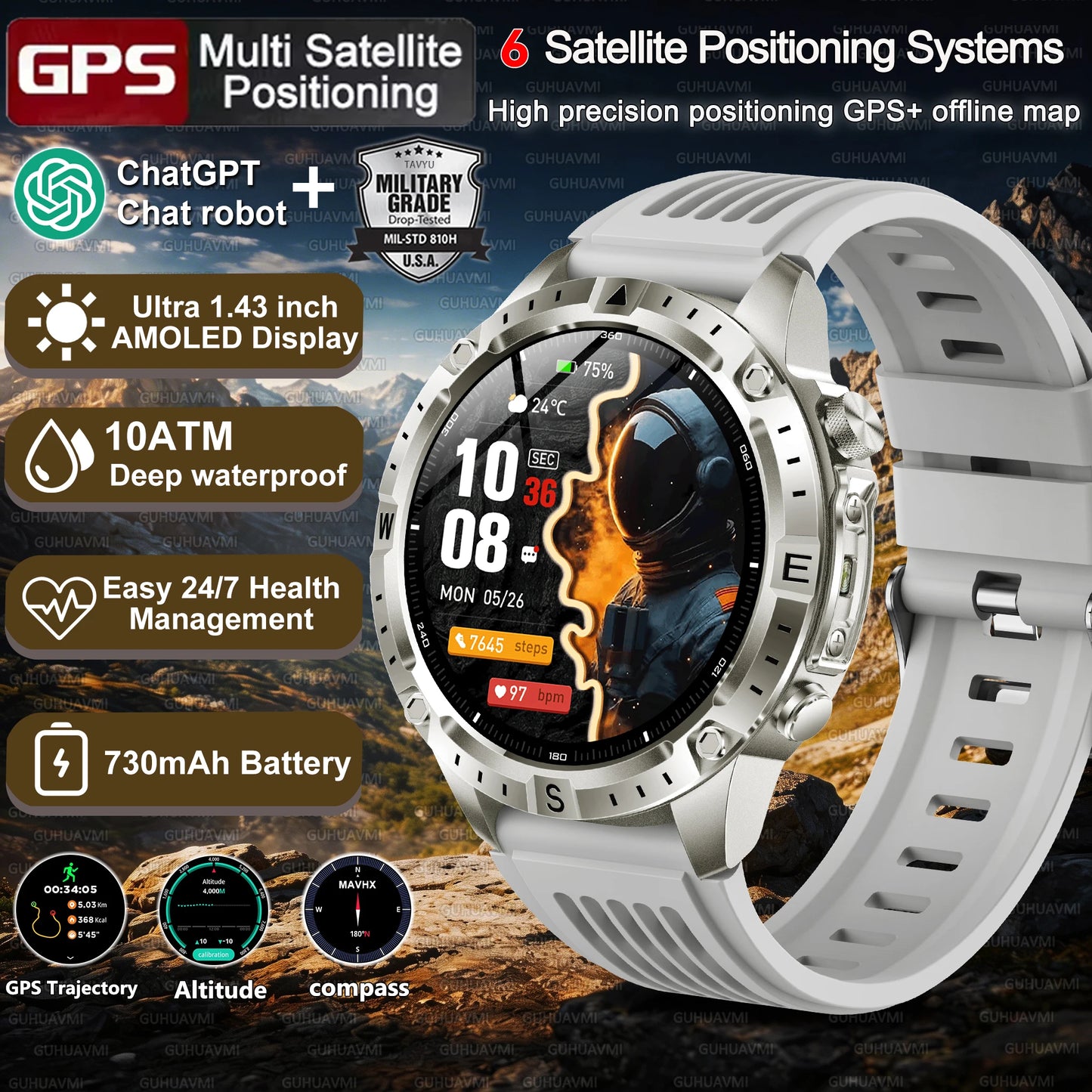 2026New Military Tank GPS SmartWatch Offline Map 10ATM Swim 2GB RAM Music Altitude Compass Bt Call Fitness Sports Smartwatch Men