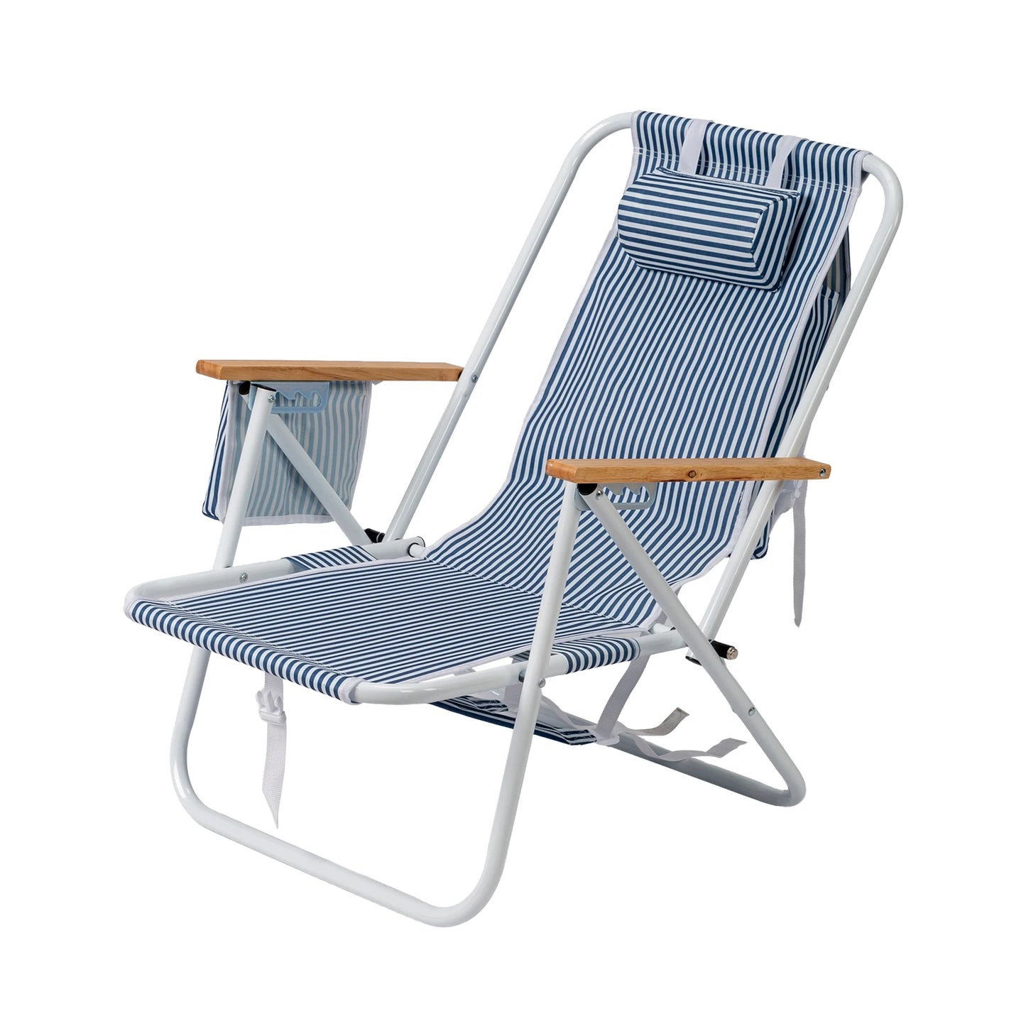 4-Position Adjustable Backpack Beach Chair, Foldable Rustproof Aluminum Frame Lounge Chair with Wooden Armrest, Side Storage Pockets & Detachable Pillow, 24"×22"×37" Outdoor Patio Camping Lawn Chair Holds up to 265 LBS, Blu