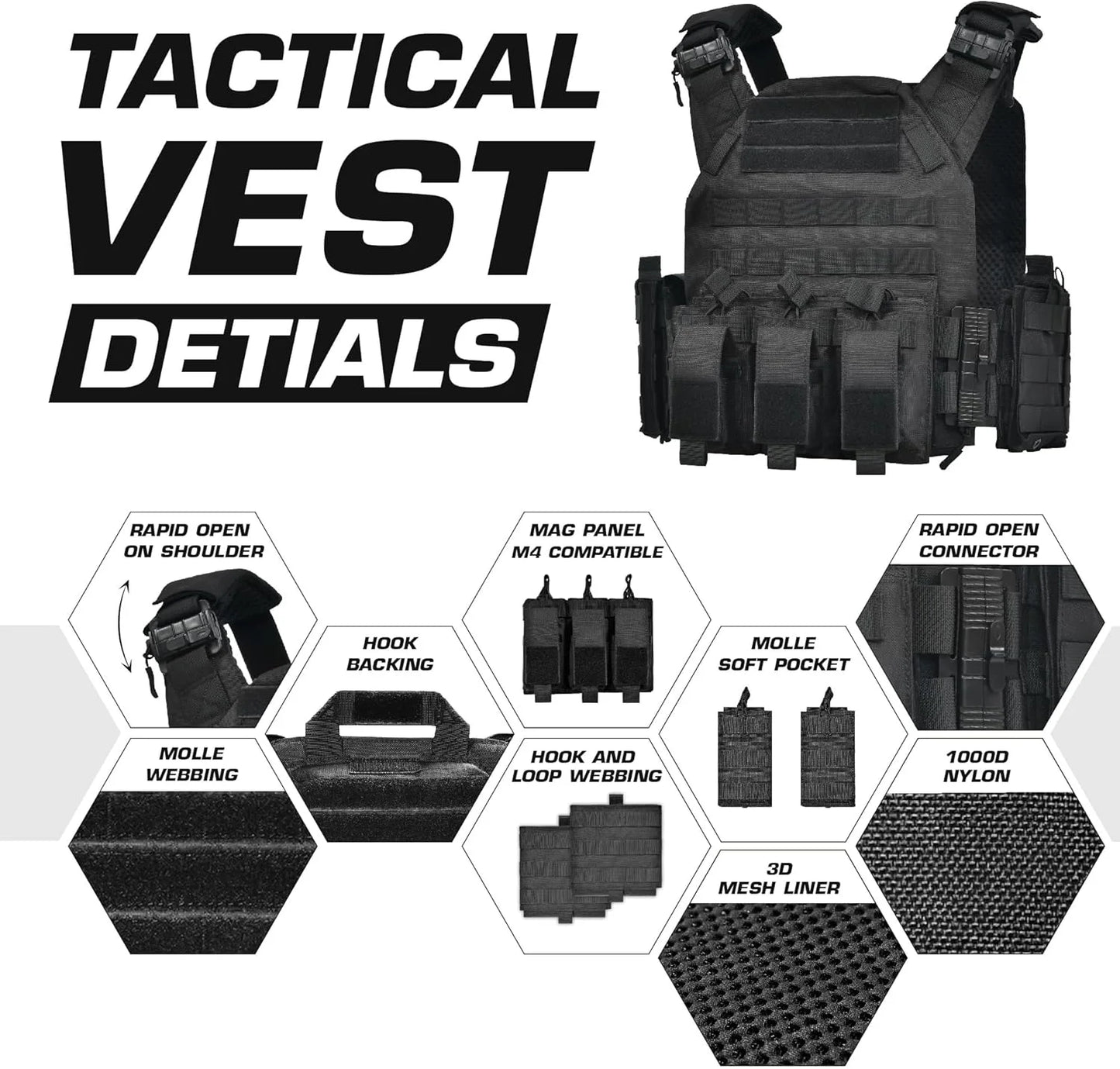 600D Nylon Quick Release Tactical Vest with Multi-Magazine Pouches, Outdoor Hunting Airsoft Plate Carrier
