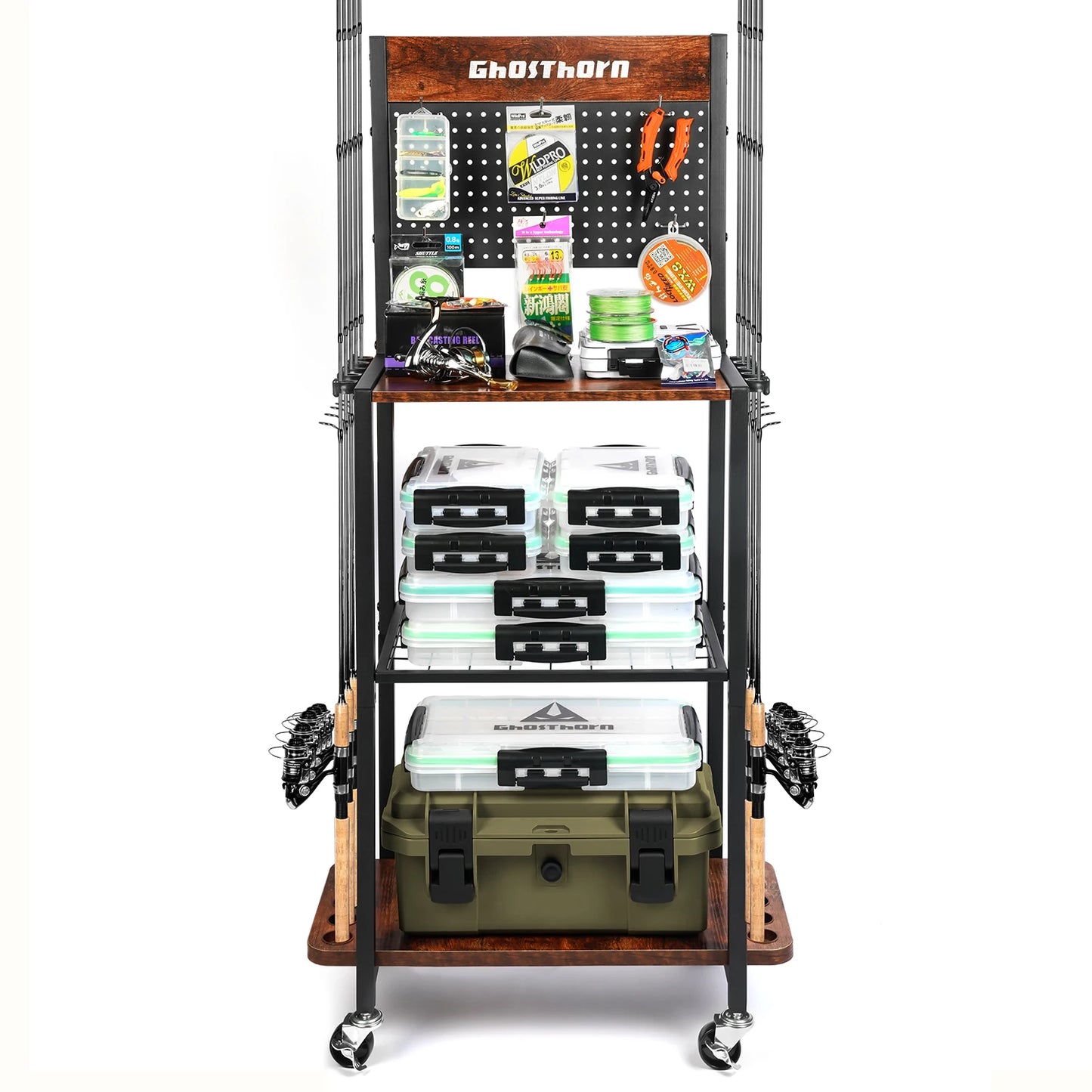 Backplate Iron-Wood Fishing Rod Rack, Multi - Layer Storage, Rolling Cart, Ideal for Fishing Gear Organization