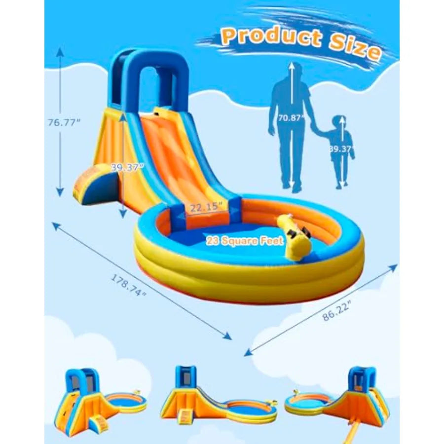 Iatable Water Slide for 5-in-1 Blow Up Bounce House with Long Slide, Climbing Wall, Splash Pool, Water Cannon, Spray Water Spou