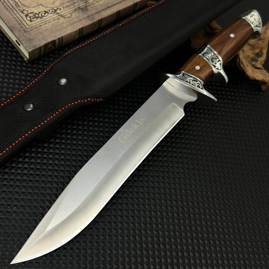Wood handle with fixed blade, tool steel blade, including sheath, camping knife, outdoor survival tool, safety guard hand