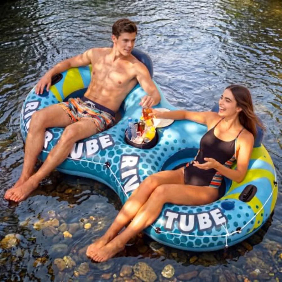 River Tube For Adults, Heavy Duty PVC, Blue, Extra-Large Floating Raft With 2 Cup Holders And Removable Cooler