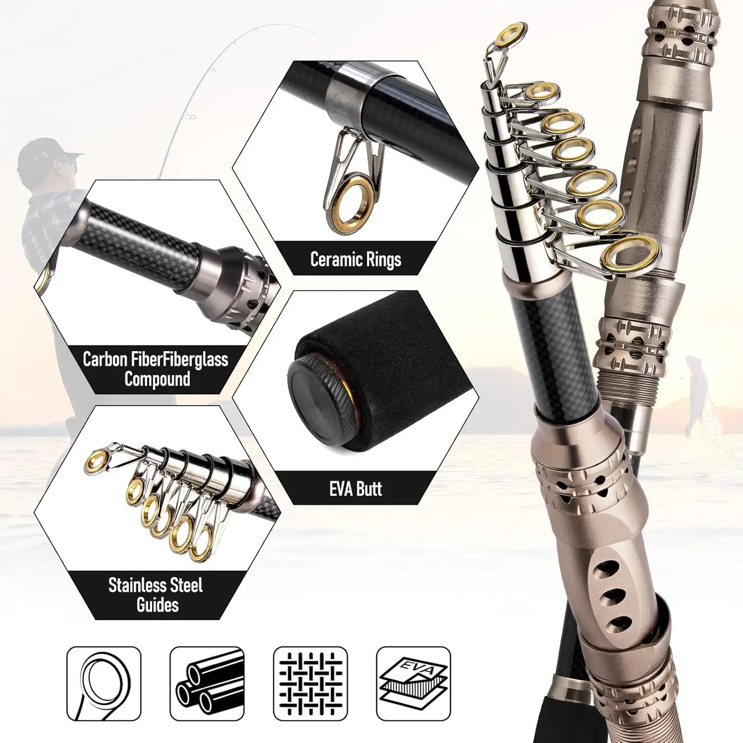 125-Piece Telescopic Fishing Rod and Reel Combo Set with Tackle Bag for Adults, Portable Travel Complete Fishing Kit for Freshwater and Saltwater